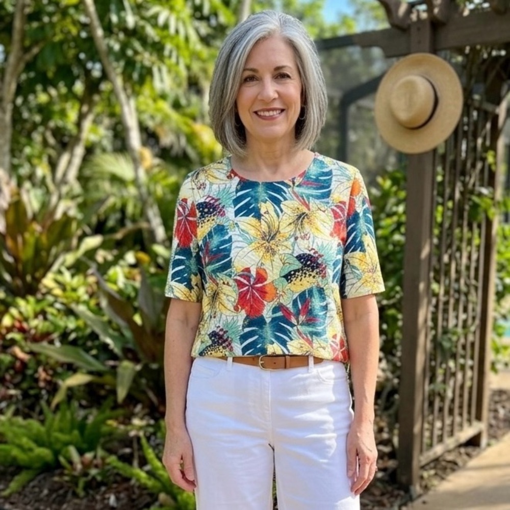 Chicos Floral Tropical Textured Knit Blouse